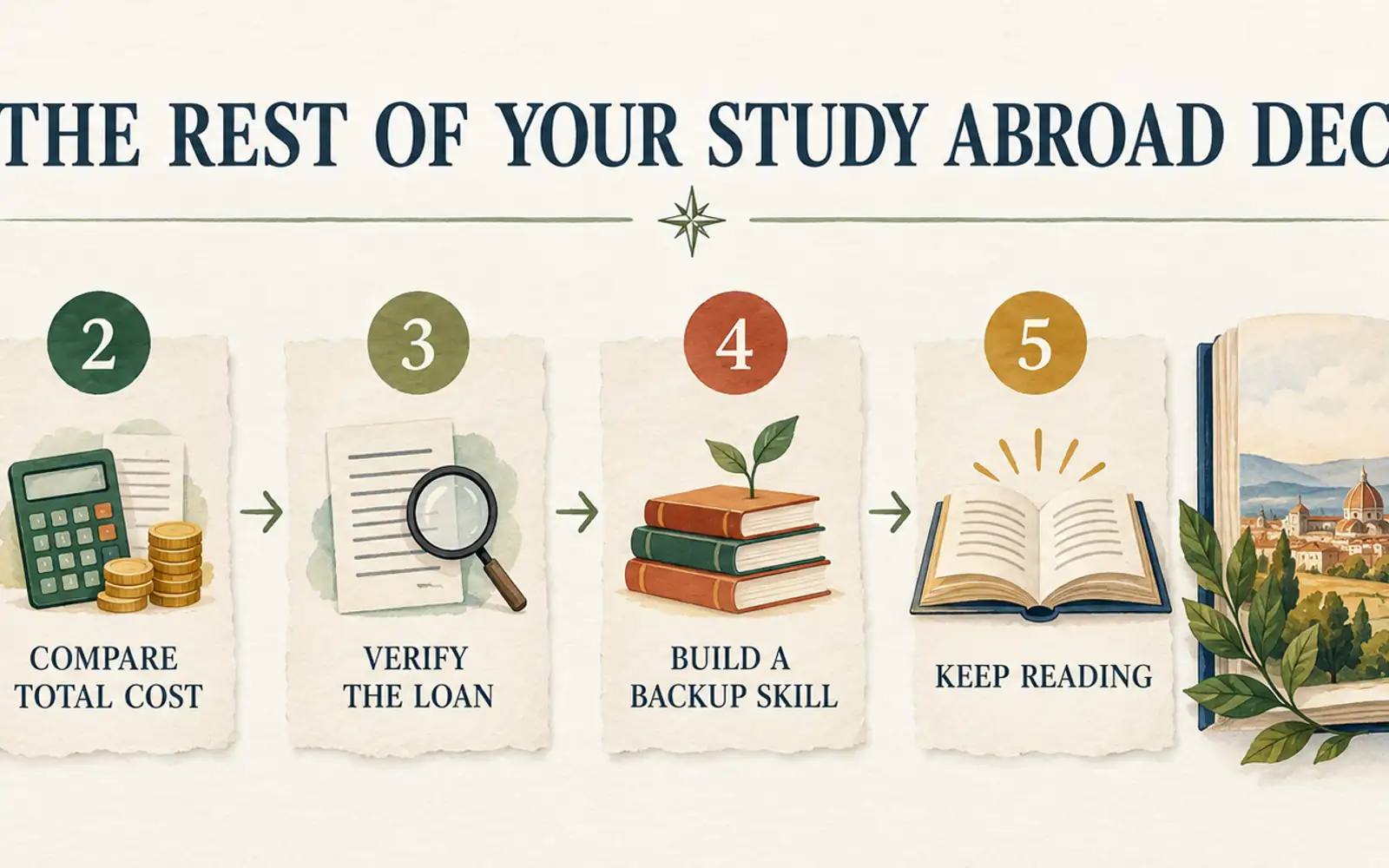 Five-step roadmap for planning study abroad after reviewing a loan: check the degree, compare total cost, verify the loan, build a backup skill and keep reading.