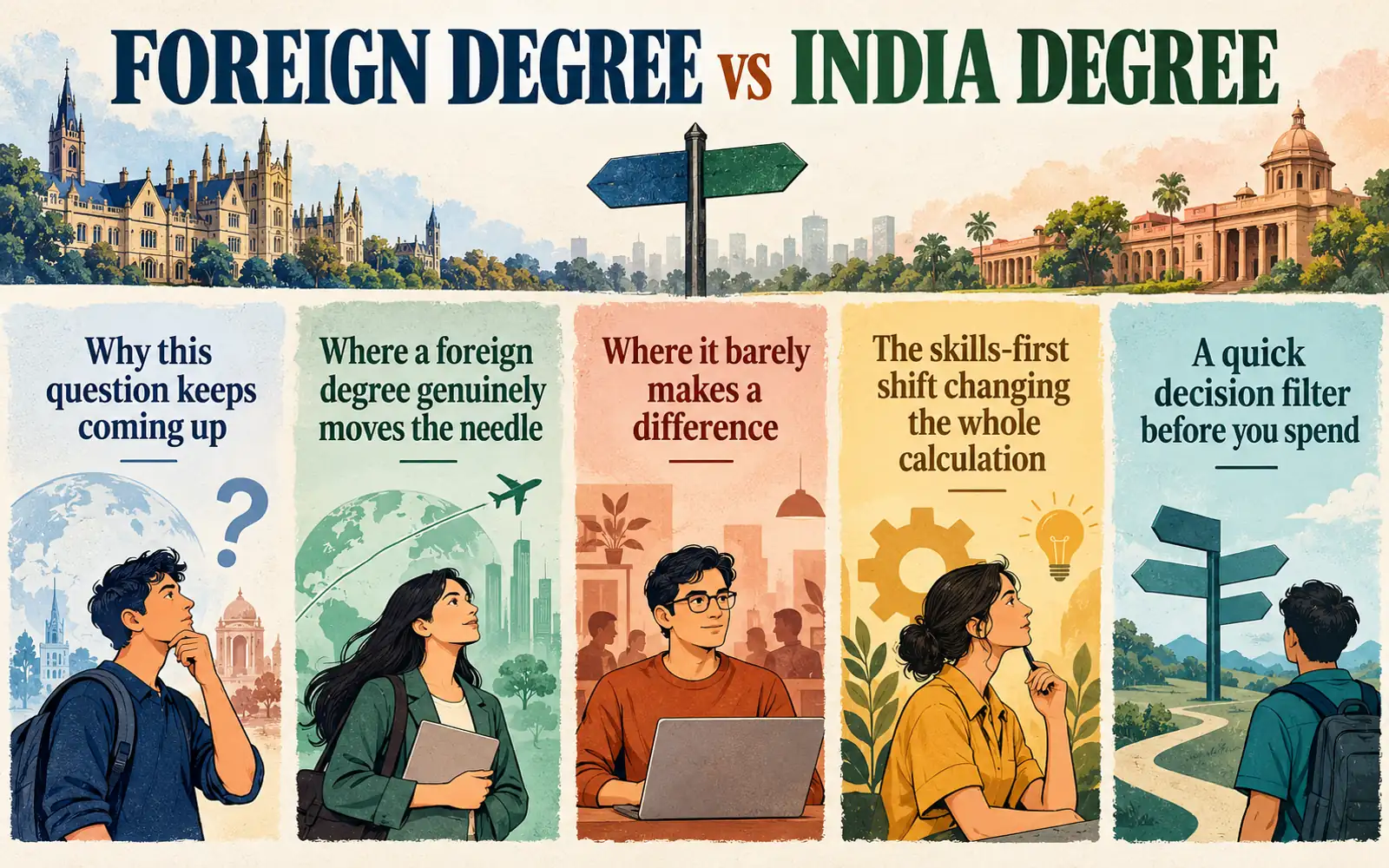 Summary graphic showing where a foreign degree moves the needle, where it barely matters, how skills-first hiring changes the calculation, and a decision filter before spending.