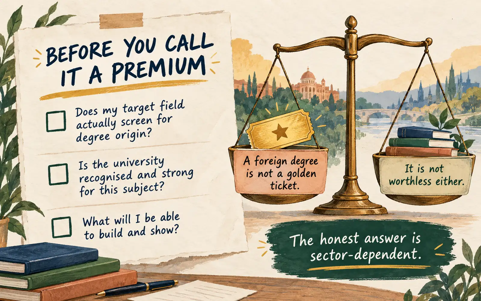 Self-assessment checklist explaining that a foreign degree is neither a guaranteed golden ticket nor worthless, and that its value depends on the sector.