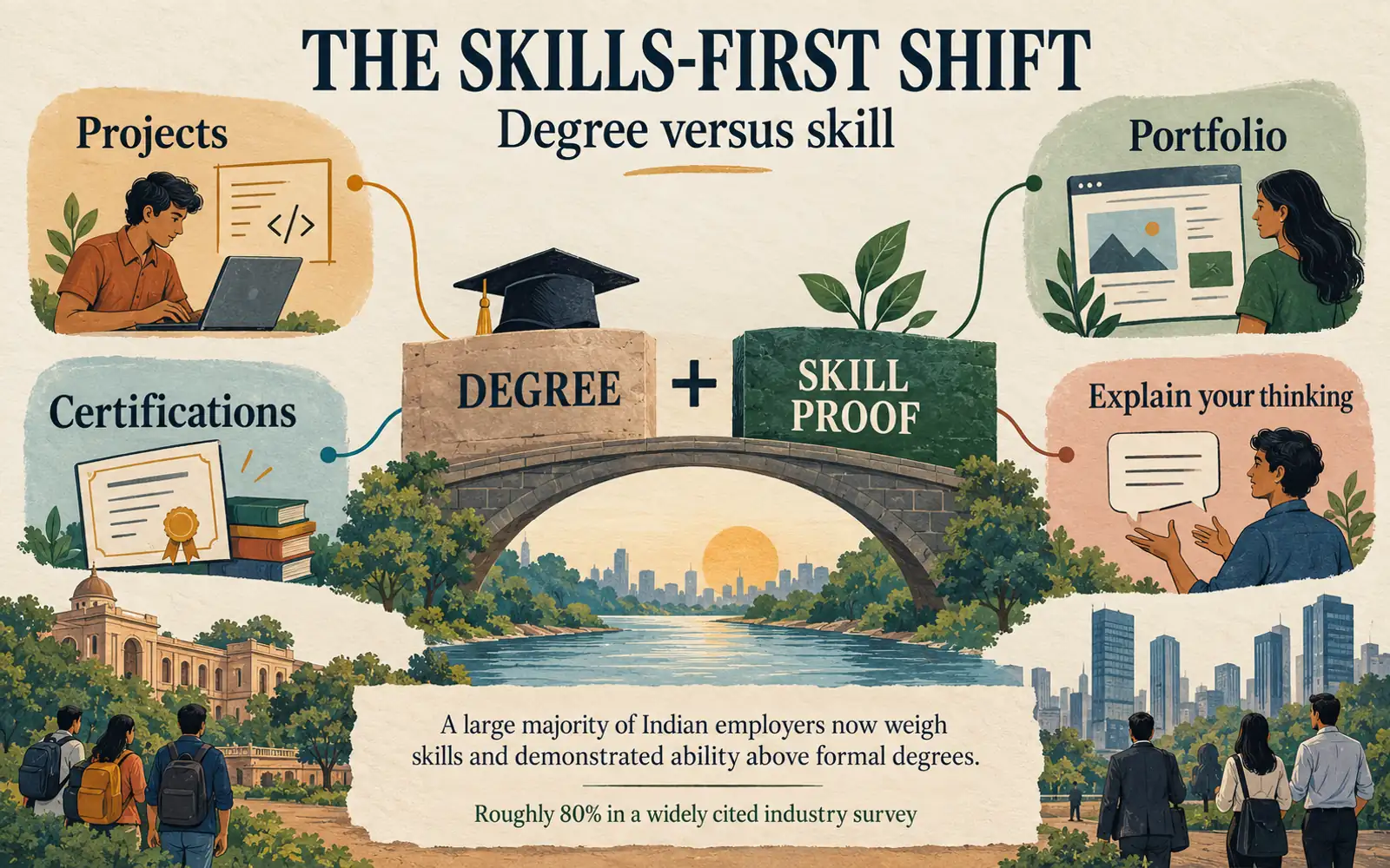 Skill map showing degree plus skill proof connected to projects, portfolio, certifications and the ability to explain your thinking, with the article's roughly 80 percent survey figure.