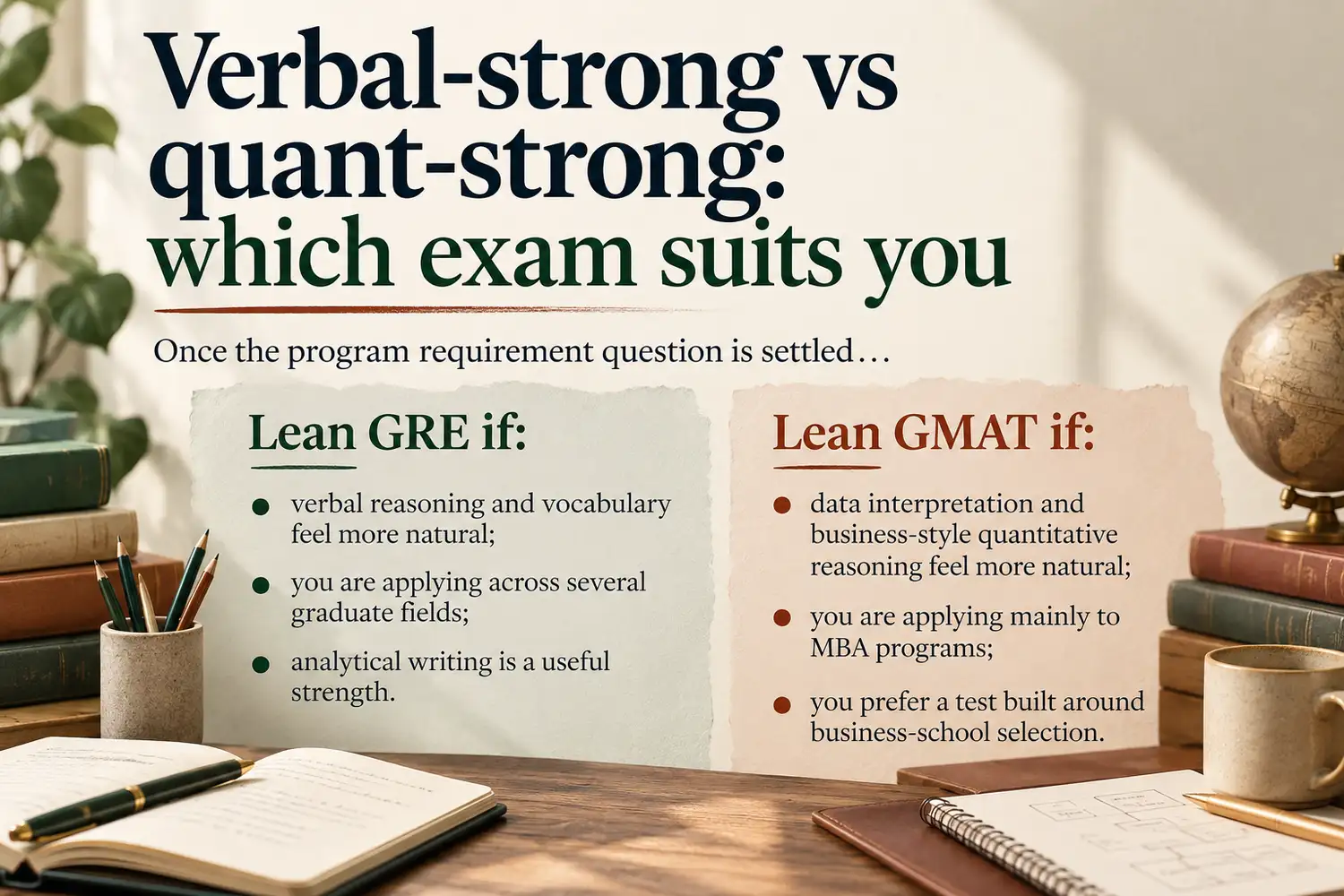 Verbal-strong and quant-strong GRE versus GMAT fit guide with practical exam preferences