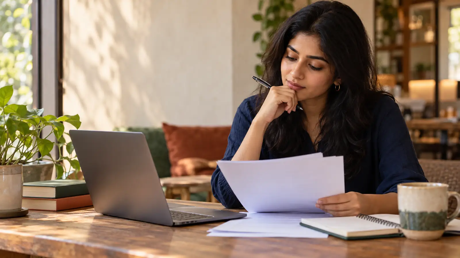 Indian student comparing GRE and GMAT preparation materials at a study table