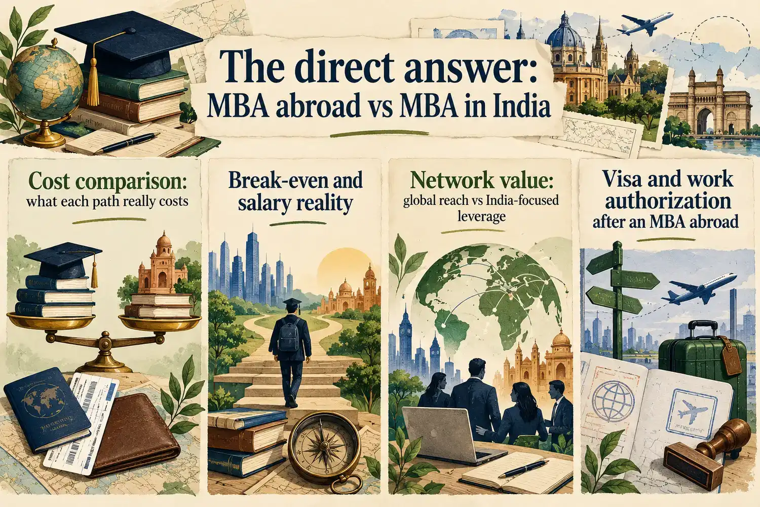 MBA abroad versus MBA in India summary covering cost, break-even, network value, and visa reality