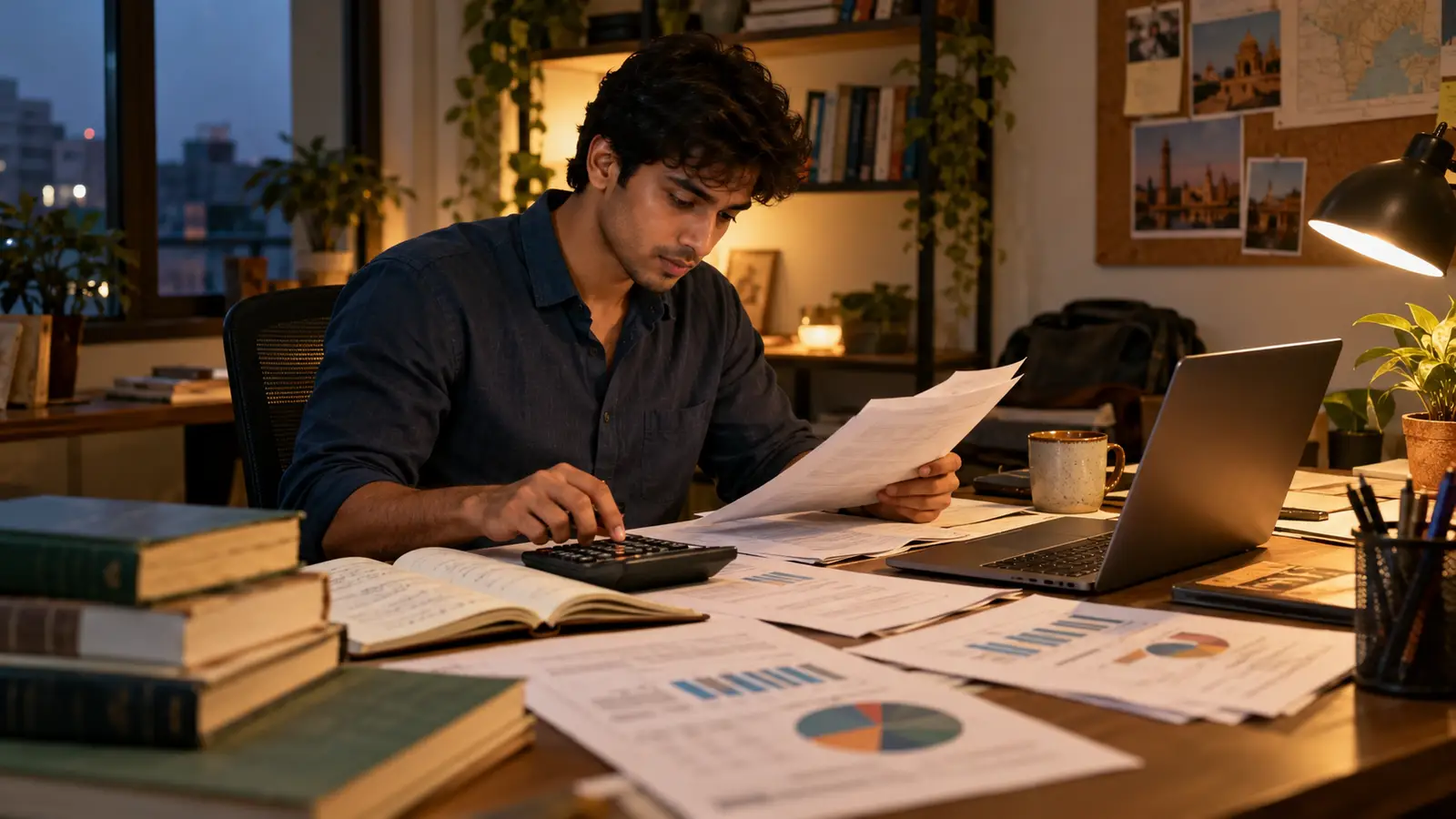 Indian graduate reviewing loan papers, a calculator, and an international MBA plan at a modest evening desk