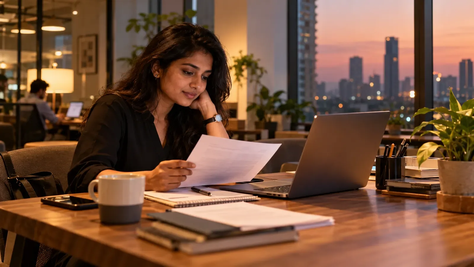 Indian engineering graduate comparing a laptop, calculator, and financial papers at a neighbourhood workspace before choosing between an MSCS and MBA