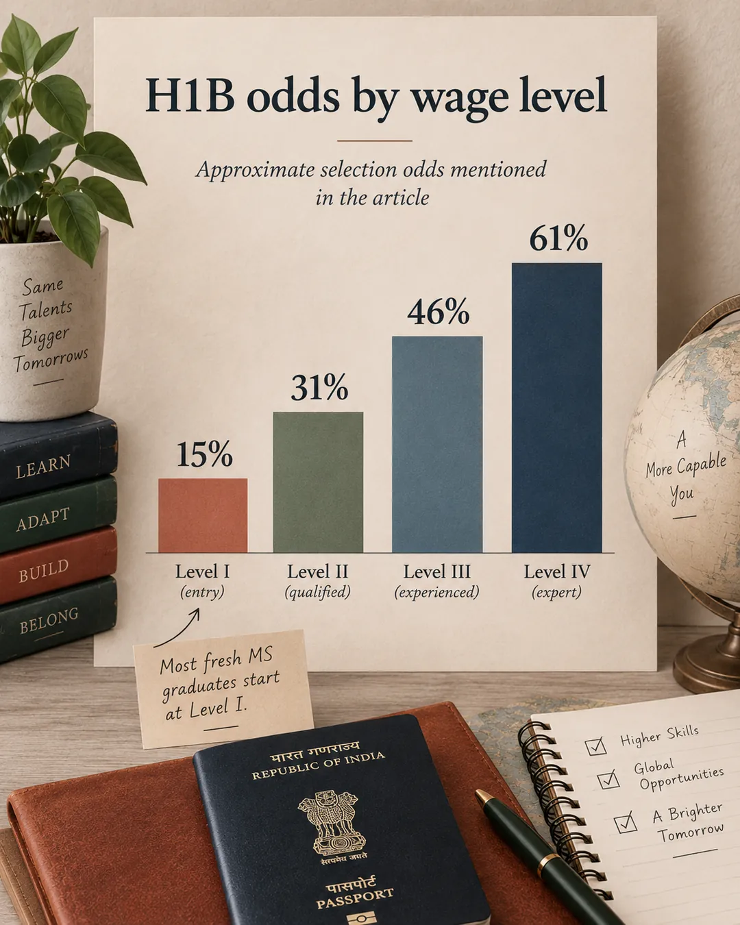 Bar chart showing article-cited H1B selection odds rising from 15 percent at wage Level I to 61 percent at Level IV.