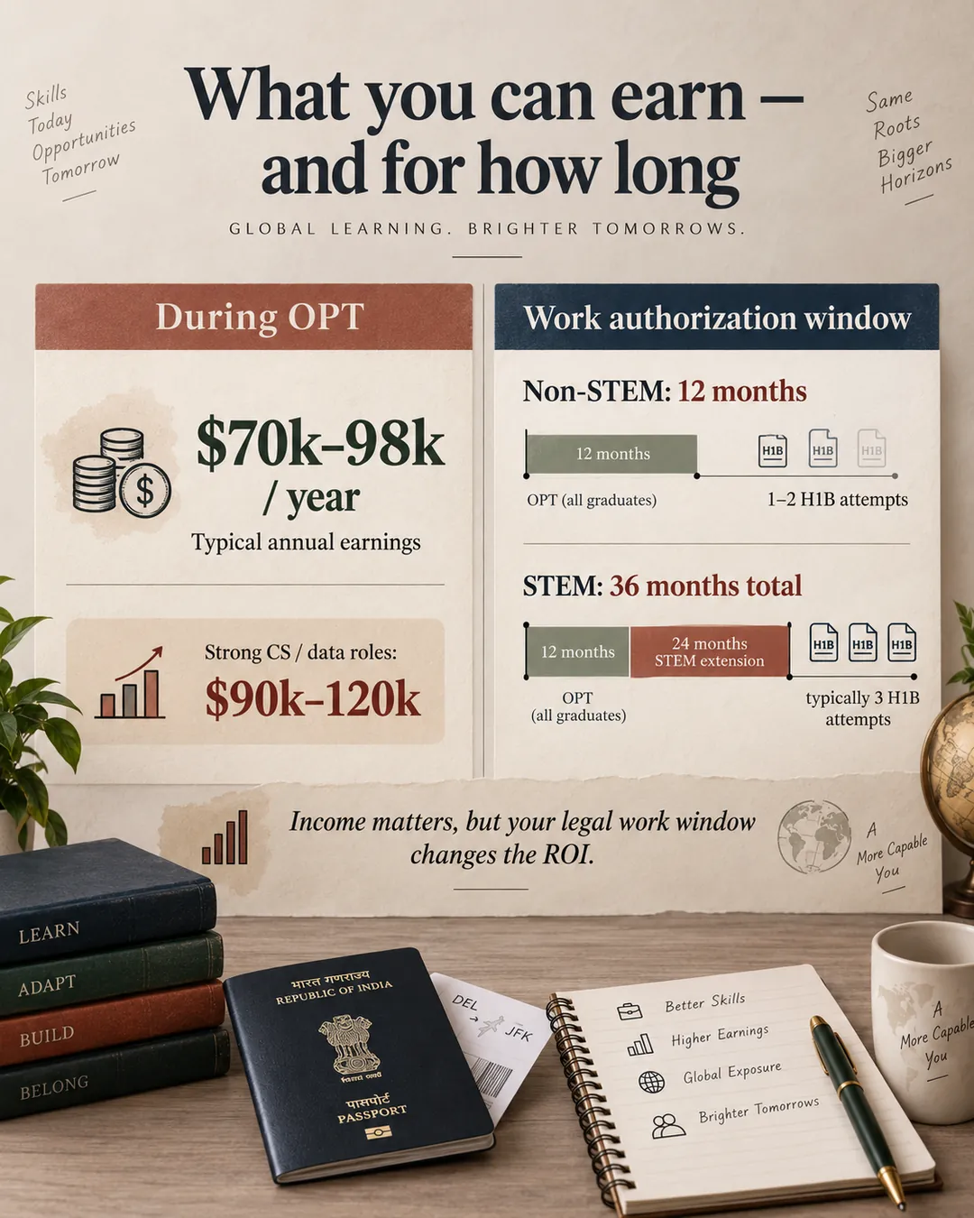 Infographic comparing post-MS earnings in the USA with the 12-month non-STEM and 36-month STEM OPT work windows.