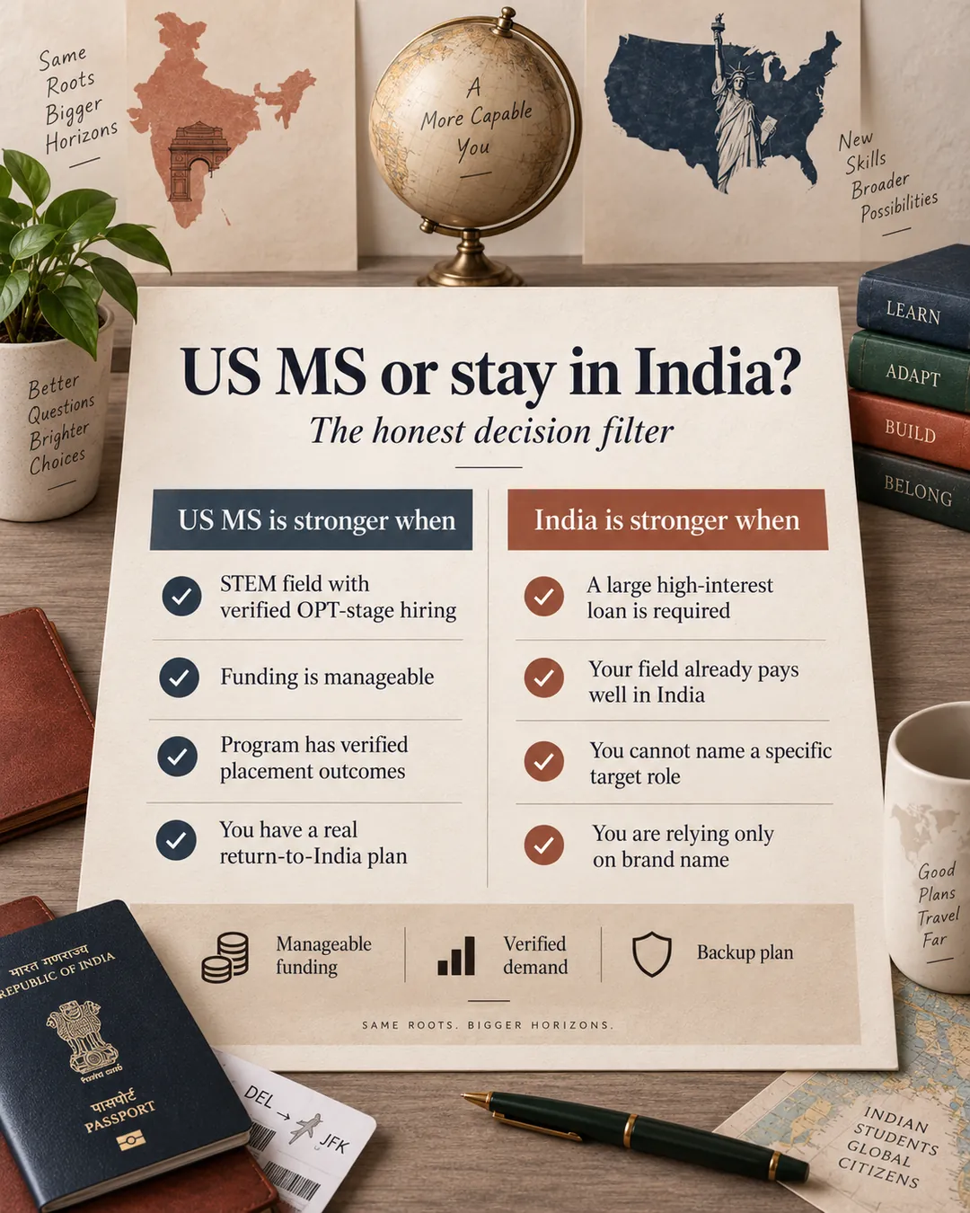 Decision filter comparing when an MS in the USA is stronger and when staying in India is the more defensible career choice.