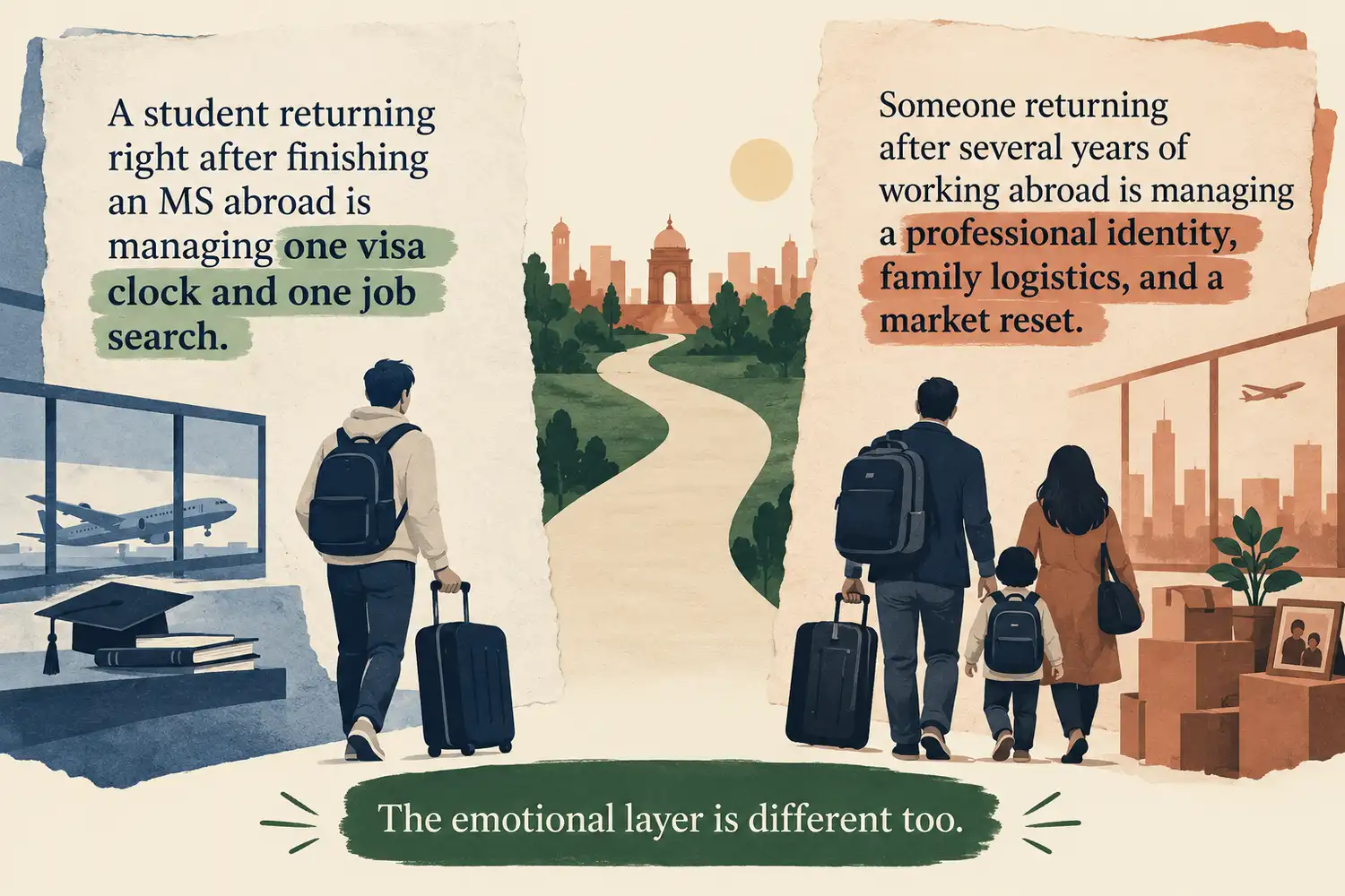 Asymmetrical comparison between a fresh MS return with one job search and a long-stay family return with identity and market reset