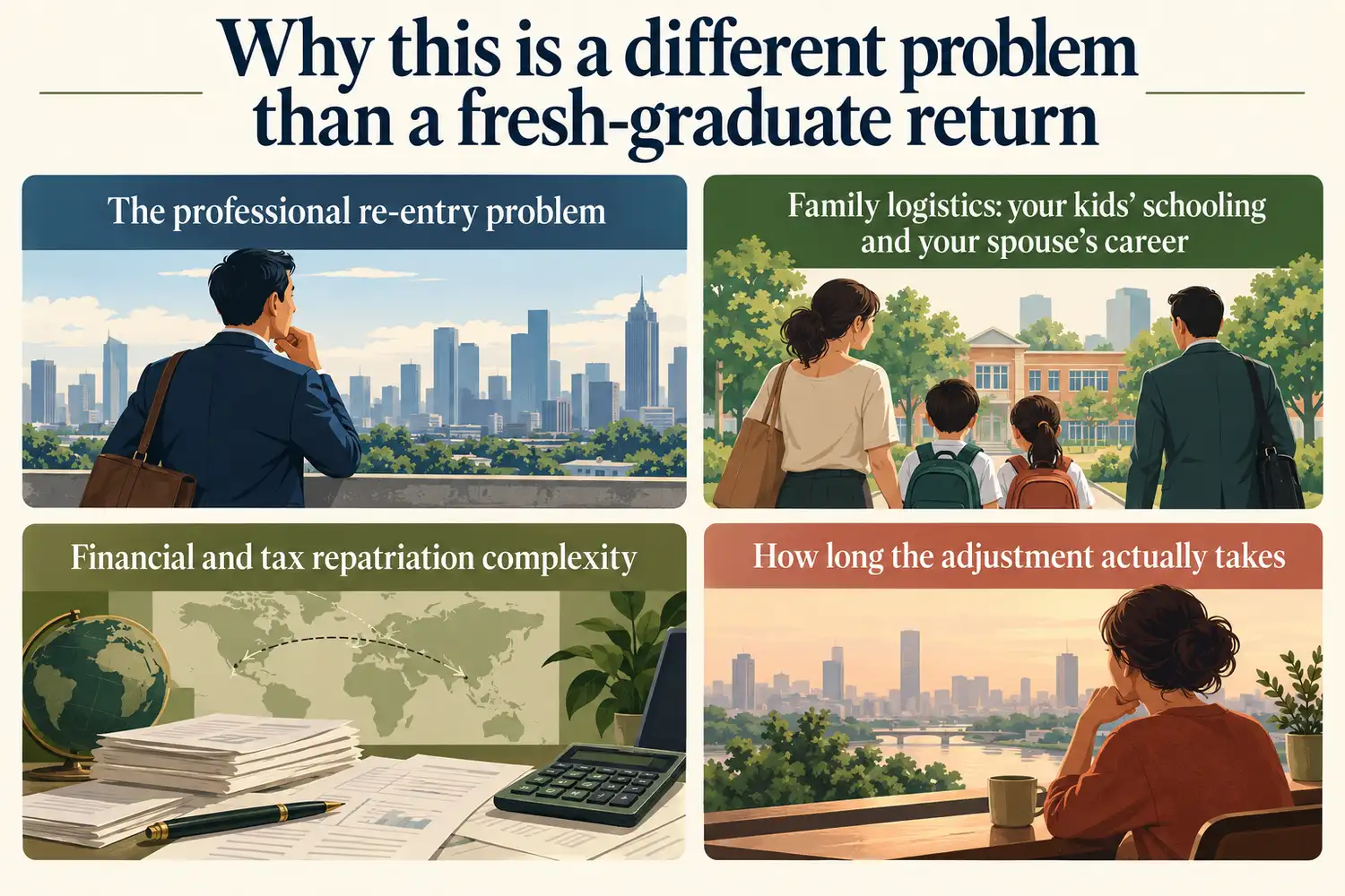 NRI return to India summary covering professional re-entry, family logistics, tax complexity, and adjustment time