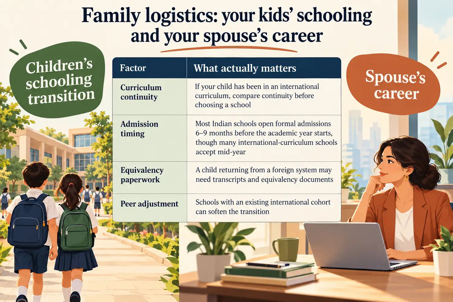 Family logistics comparison table covering school continuity, admission timing, equivalency paperwork, peer adjustment, and a spouse’s career