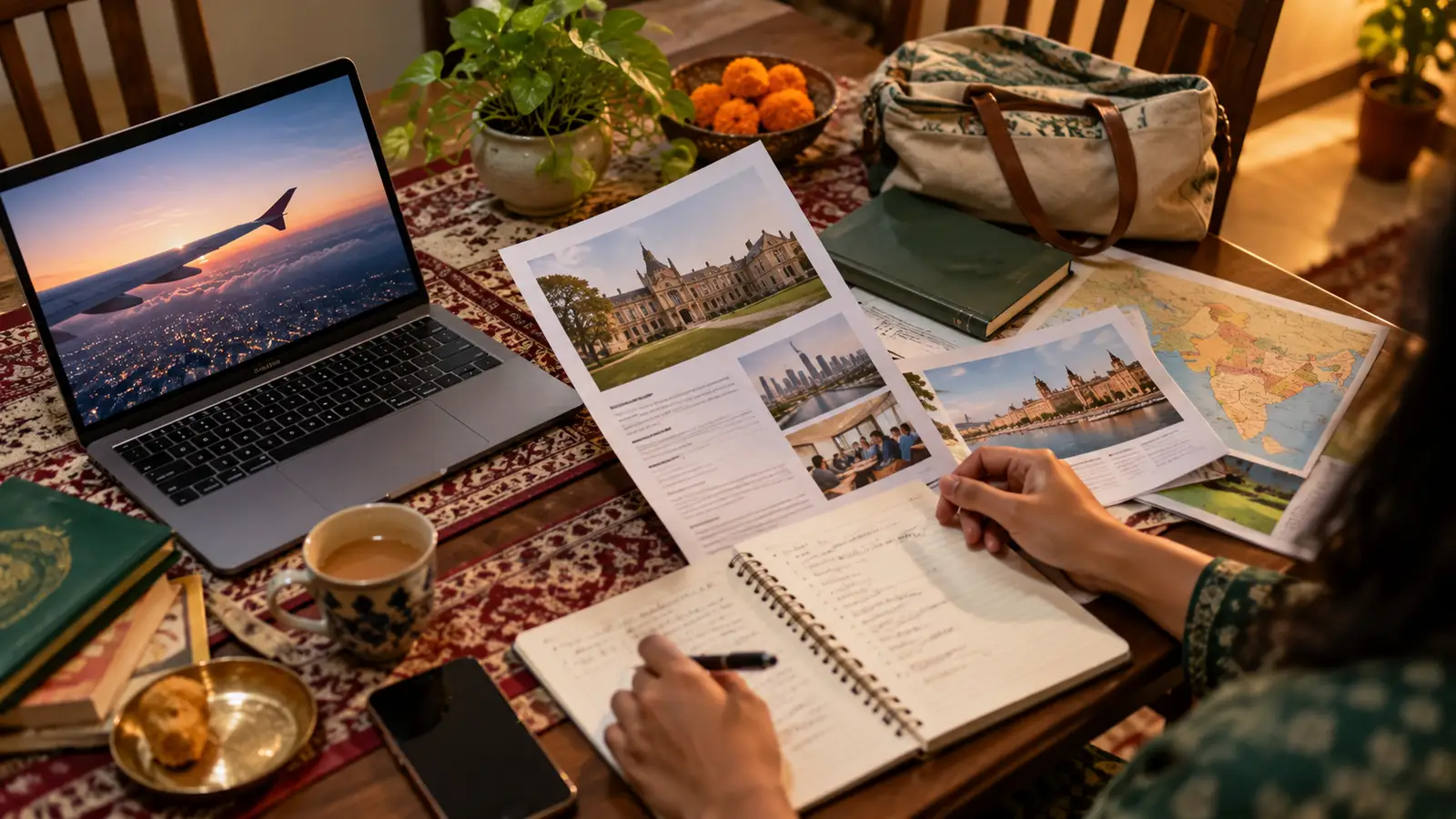 Indian adult planning a return from abroad at a family dining table with a laptop, travel papers, map, and notebook