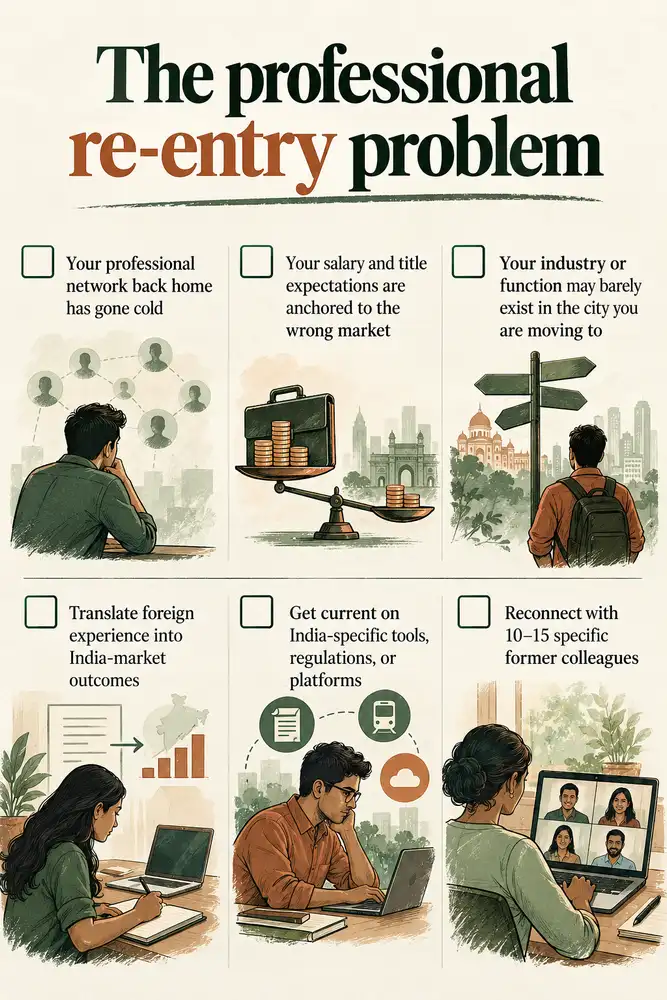 Professional re-entry checklist covering a cold network, salary anchor, city fit, local outcomes, tools, and targeted reconnection