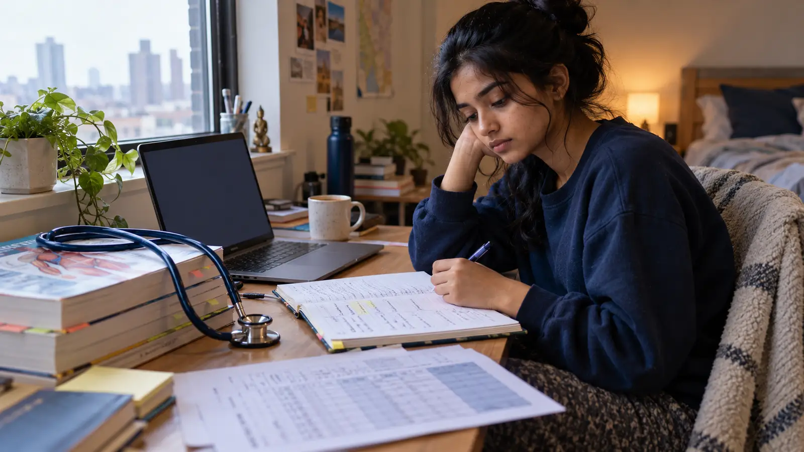 Indian graduate planning study and work options at a home desk with a laptop, notebook, books, and stethoscope