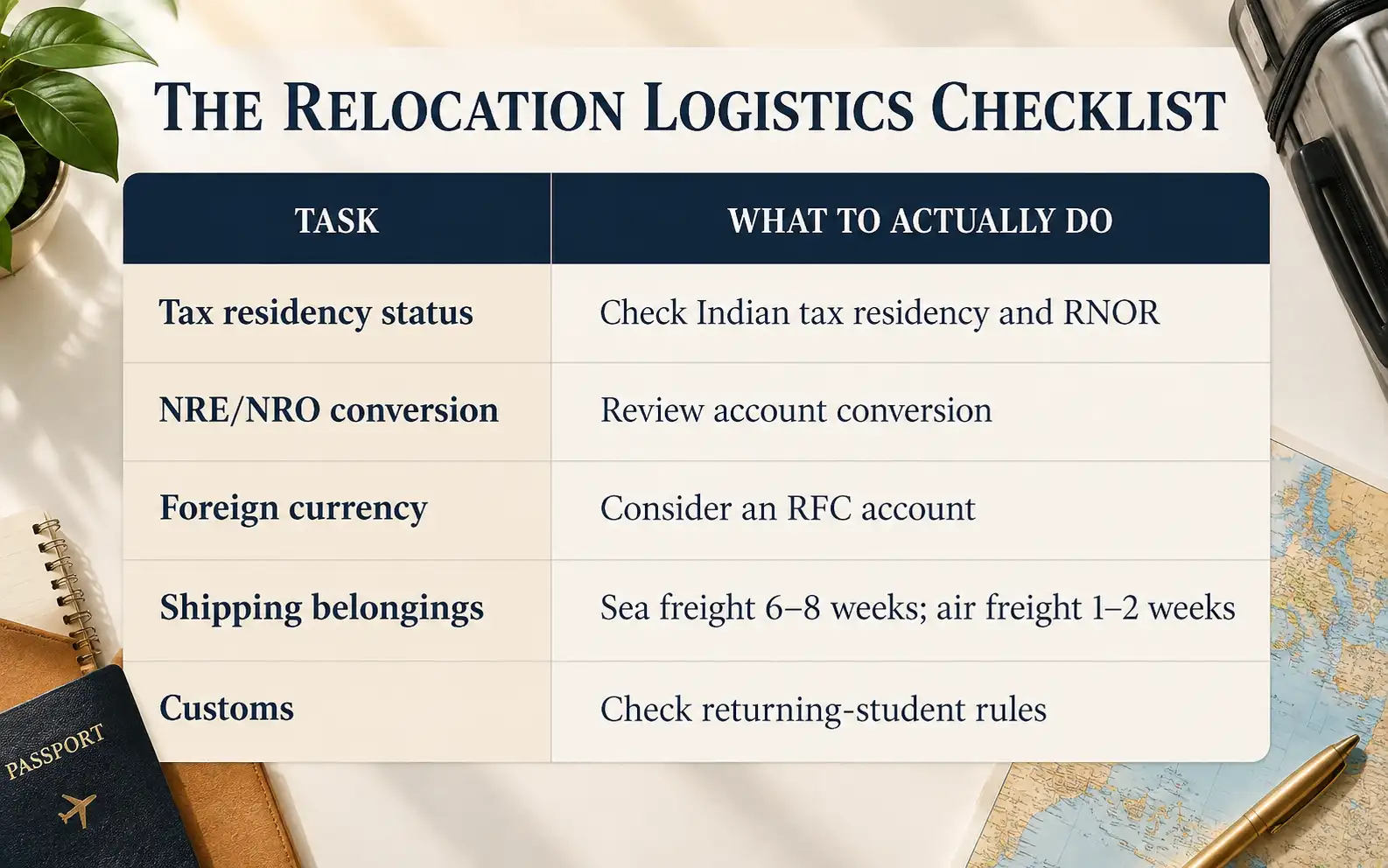 Relocation checklist comparing tax residency, NRE and NRO conversion, foreign currency, shipping, and customs tasks