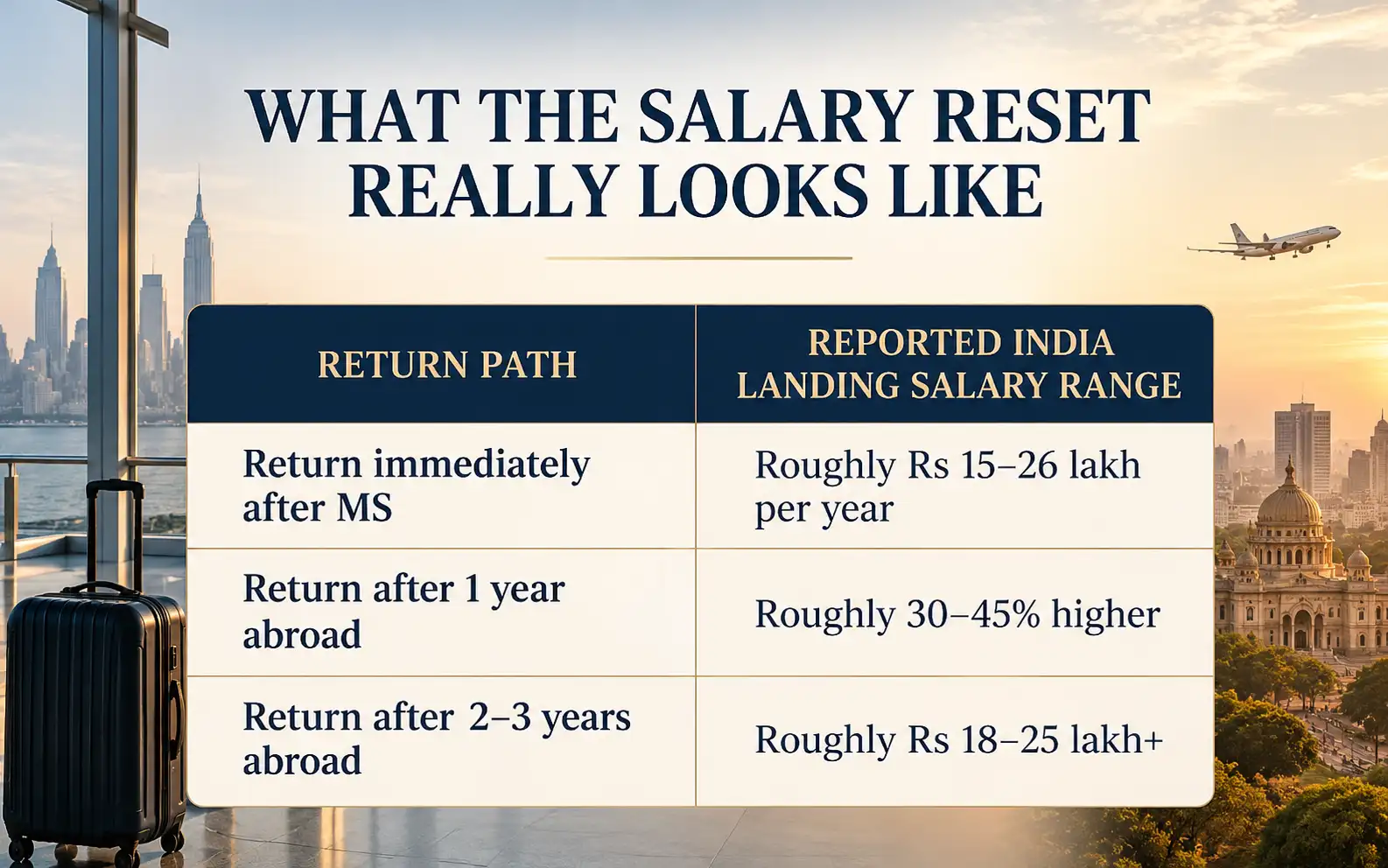 Comparison of reported India salary ranges for immediate return, one year abroad, and two to three years abroad after an MS
