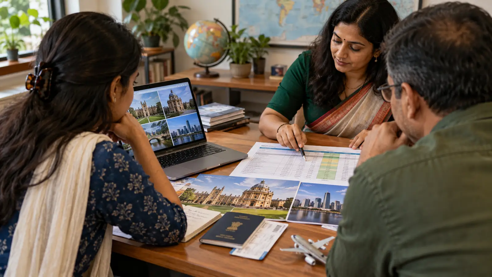 Indian student and parent comparing an overseas university plan, passport, brochures, and return-to-India costs at a counselling table