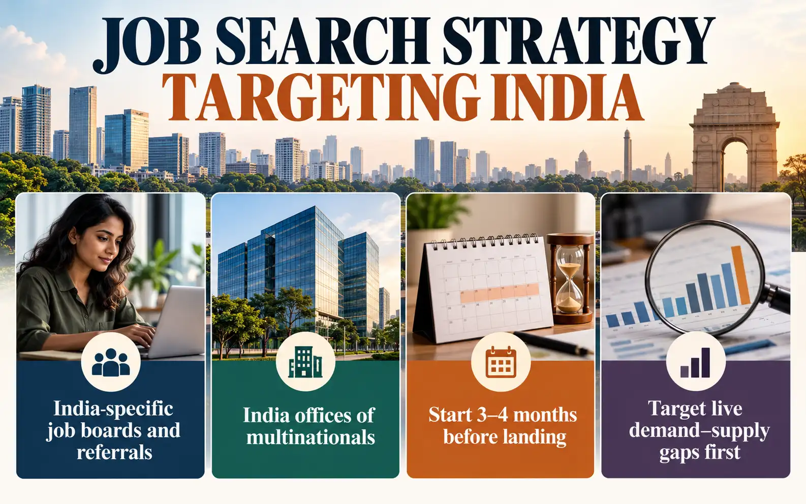 Job-search strategy visual for targeting India roles with India-specific boards, referrals, multinational offices, and early applications