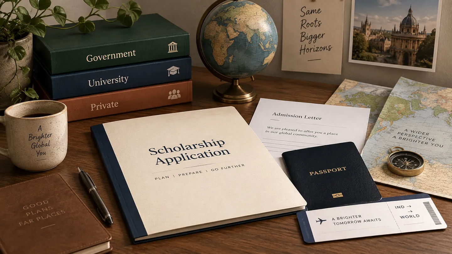 Editorial scholarship application desk with passport, admission papers, and funding books for an Indian study-abroad applicant.