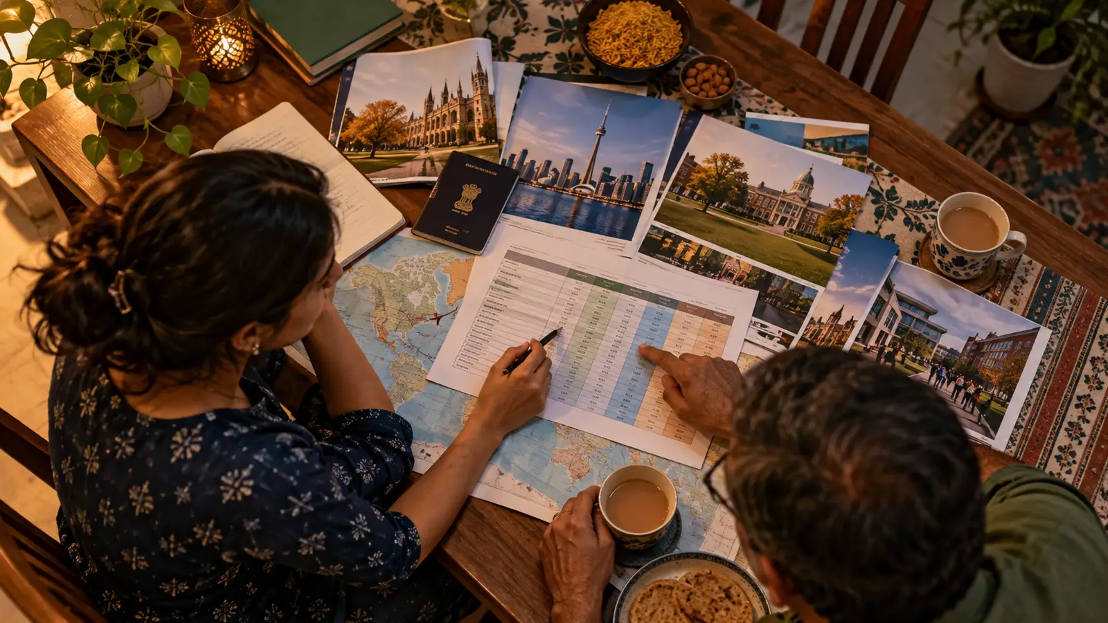Indian student and parent comparing overseas study costs, passports, brochures, and a return decision at an evening dining table