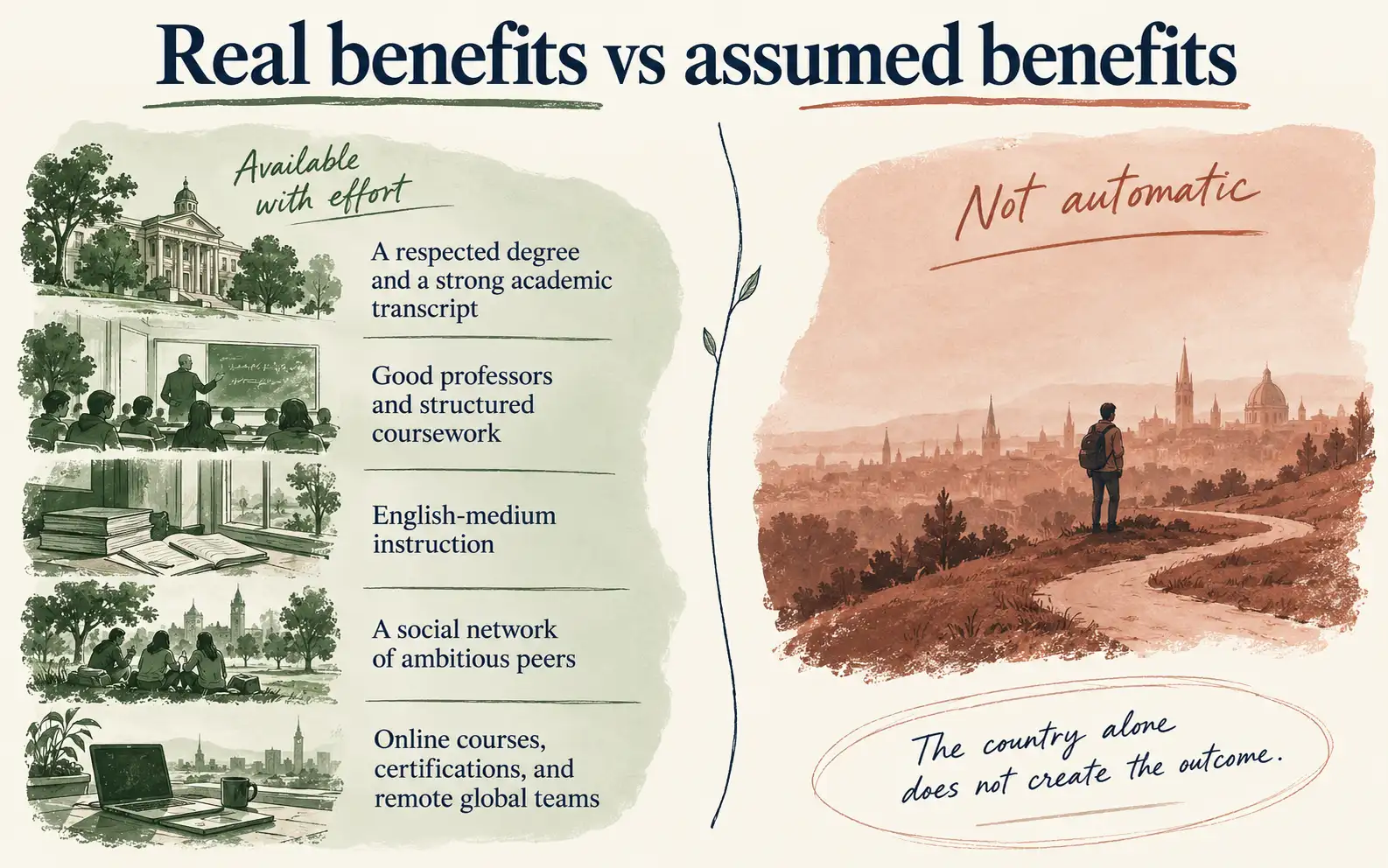 Asymmetrical comparison separating study-abroad benefits available in India with effort from benefits that are not automatic