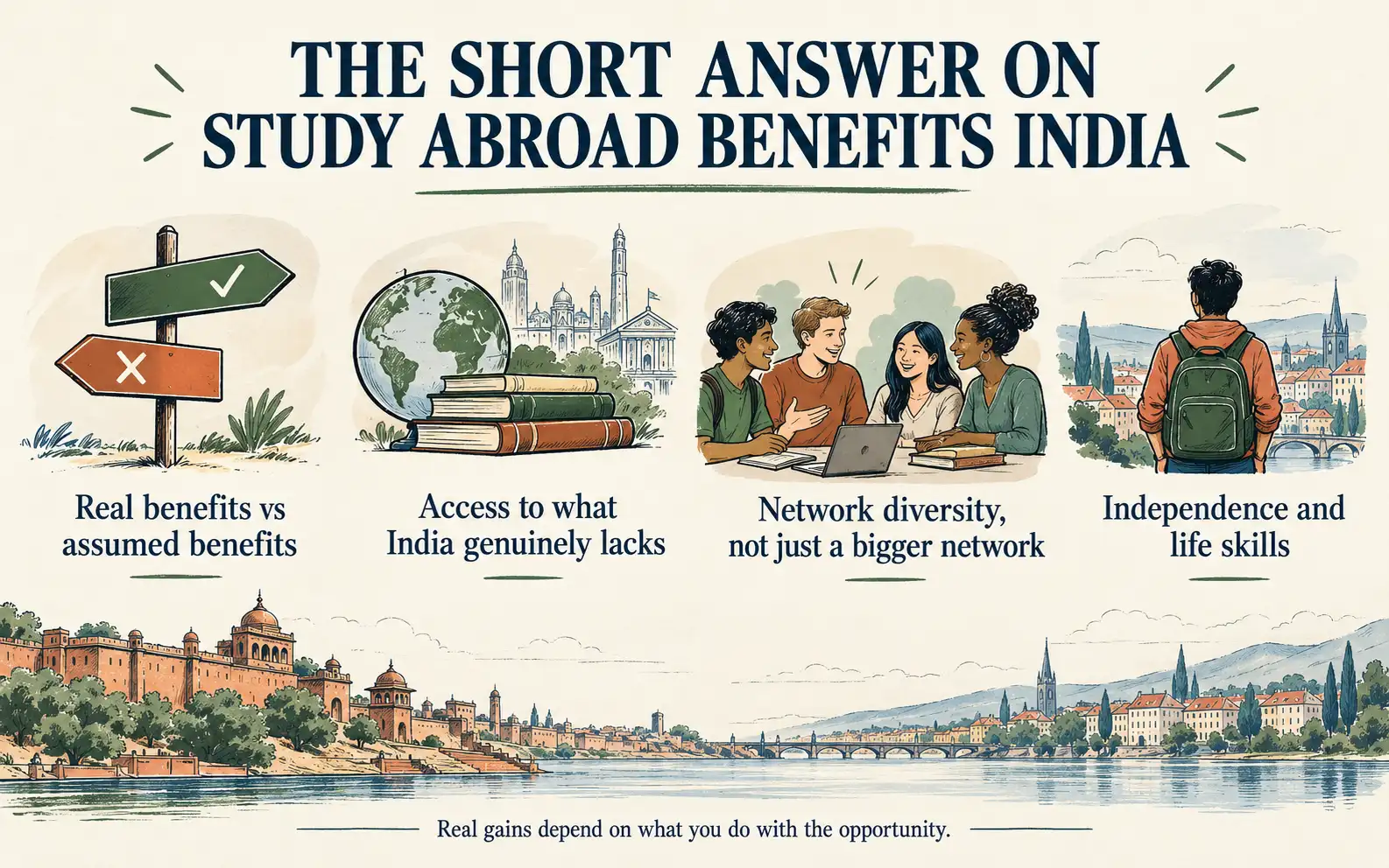 Summary graphic listing real study-abroad benefits, assumed benefits, specific access, network diversity and independence
