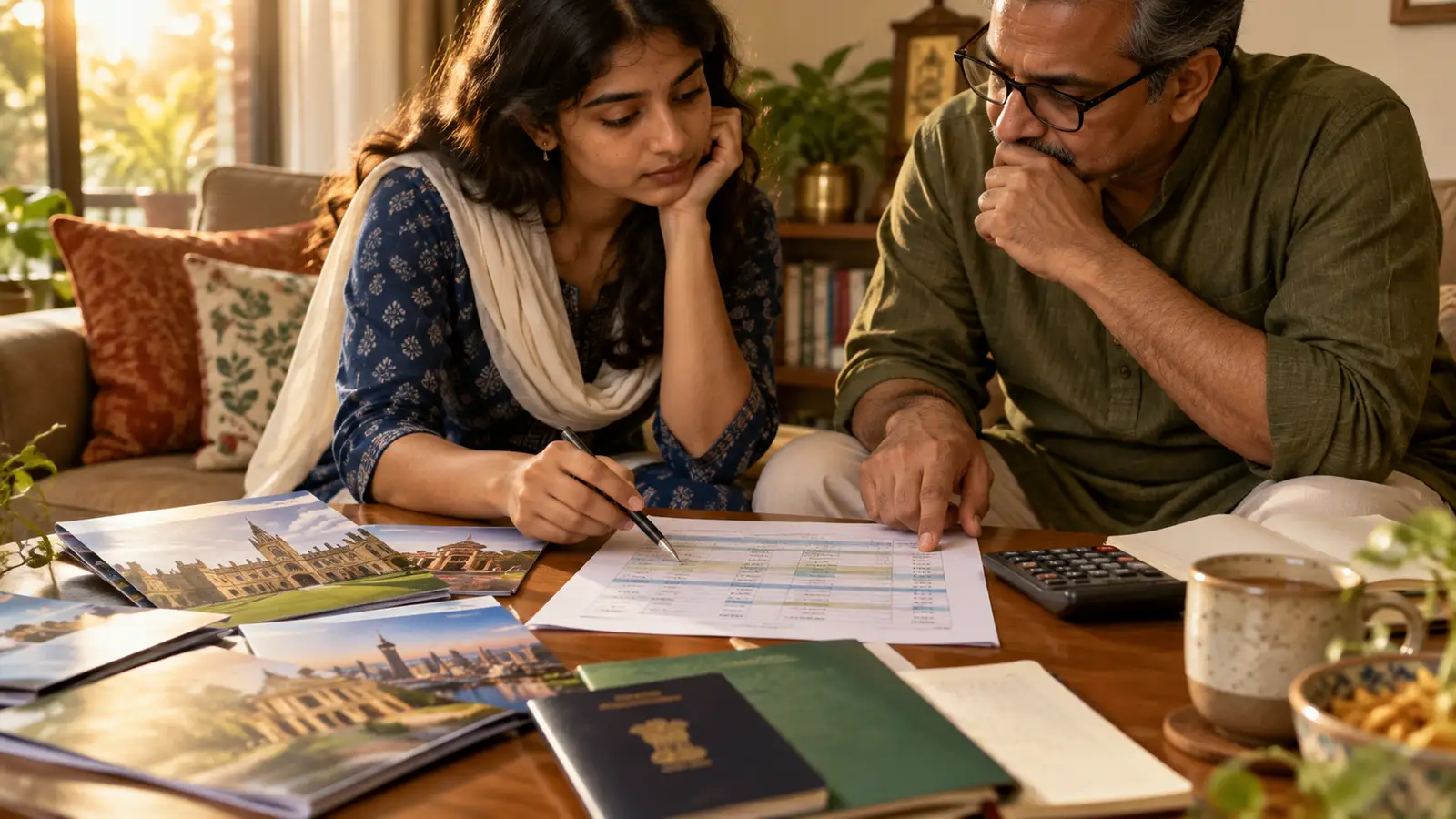 Indian student and parent comparing study-abroad costs with passports, university brochures and a budget sheet at a living-room table