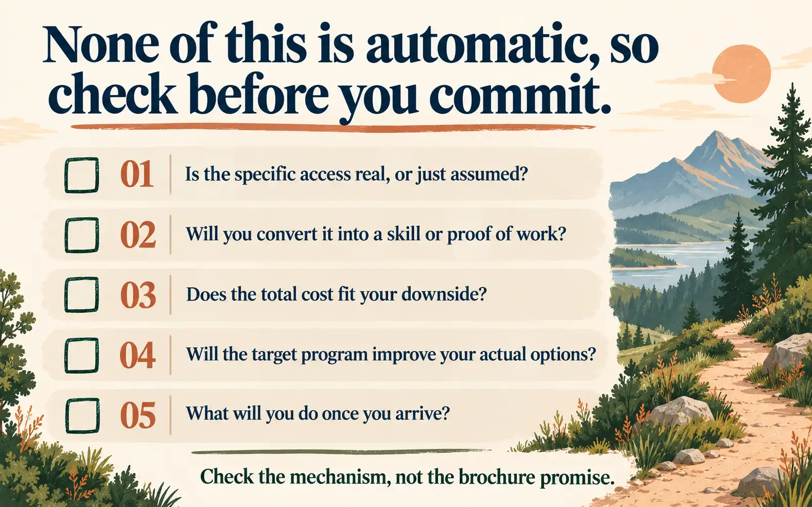 Self-assessment checklist asking whether study-abroad access is real, affordable and convertible into skills or options