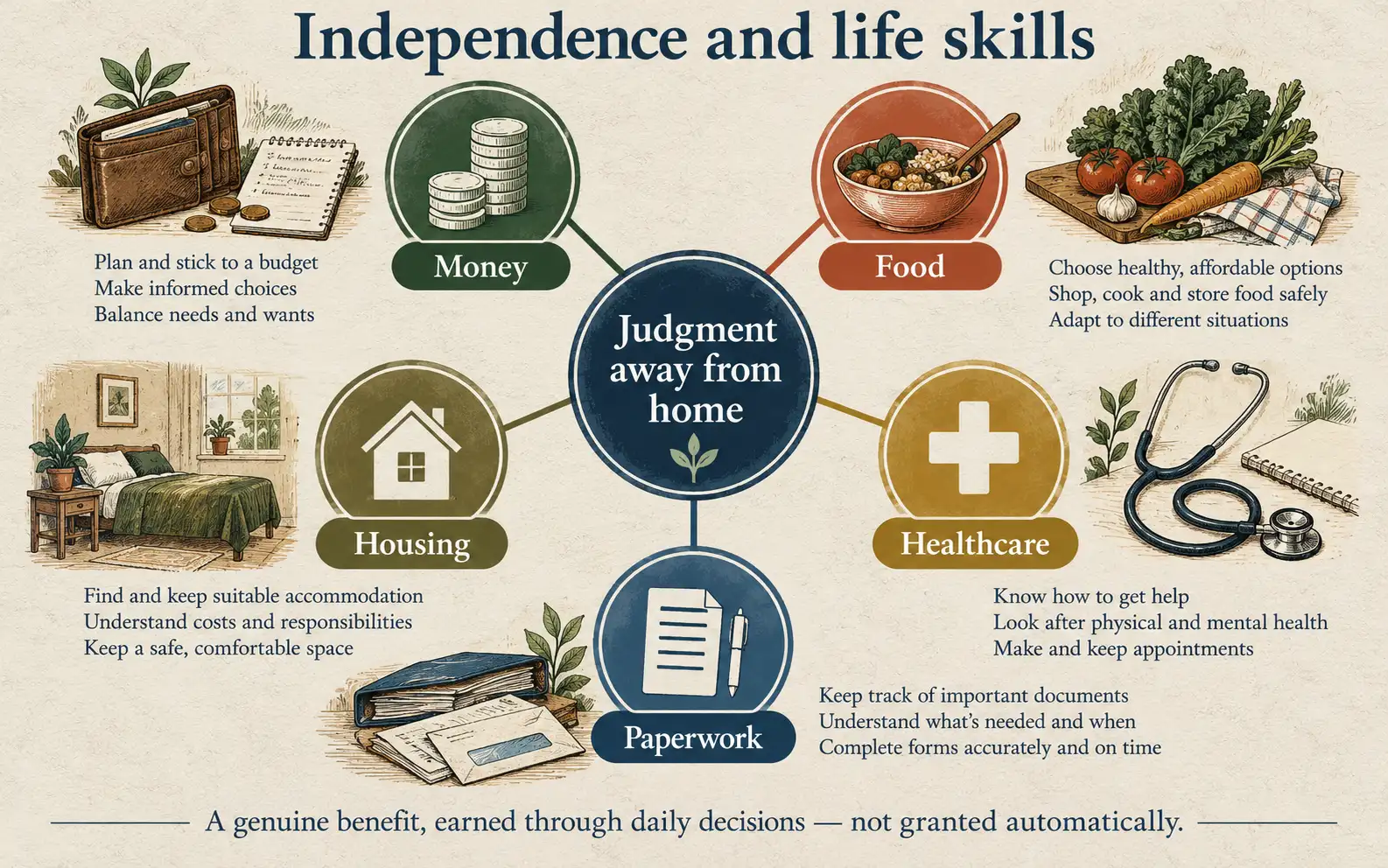 Skill map connecting money, food, housing, healthcare and paperwork to judgment away from home