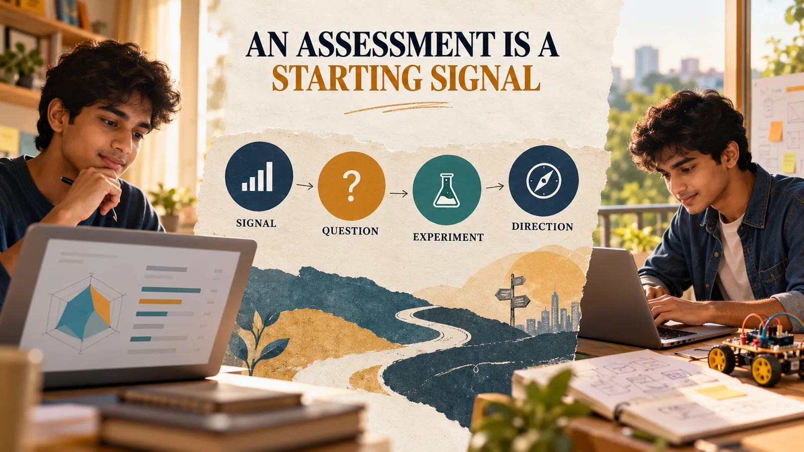An assessment signal map showing how results become questions, experiments, and direction