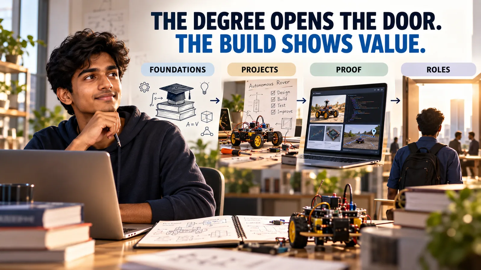 An engineering career visual showing foundations, projects, proof, and roles