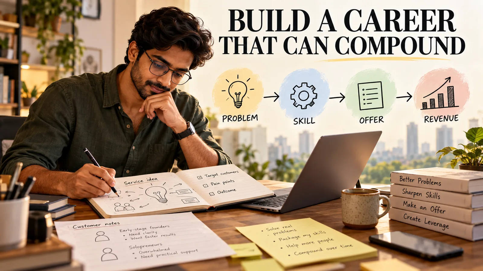 An entrepreneurship visual showing problem, skill, offer, and revenue