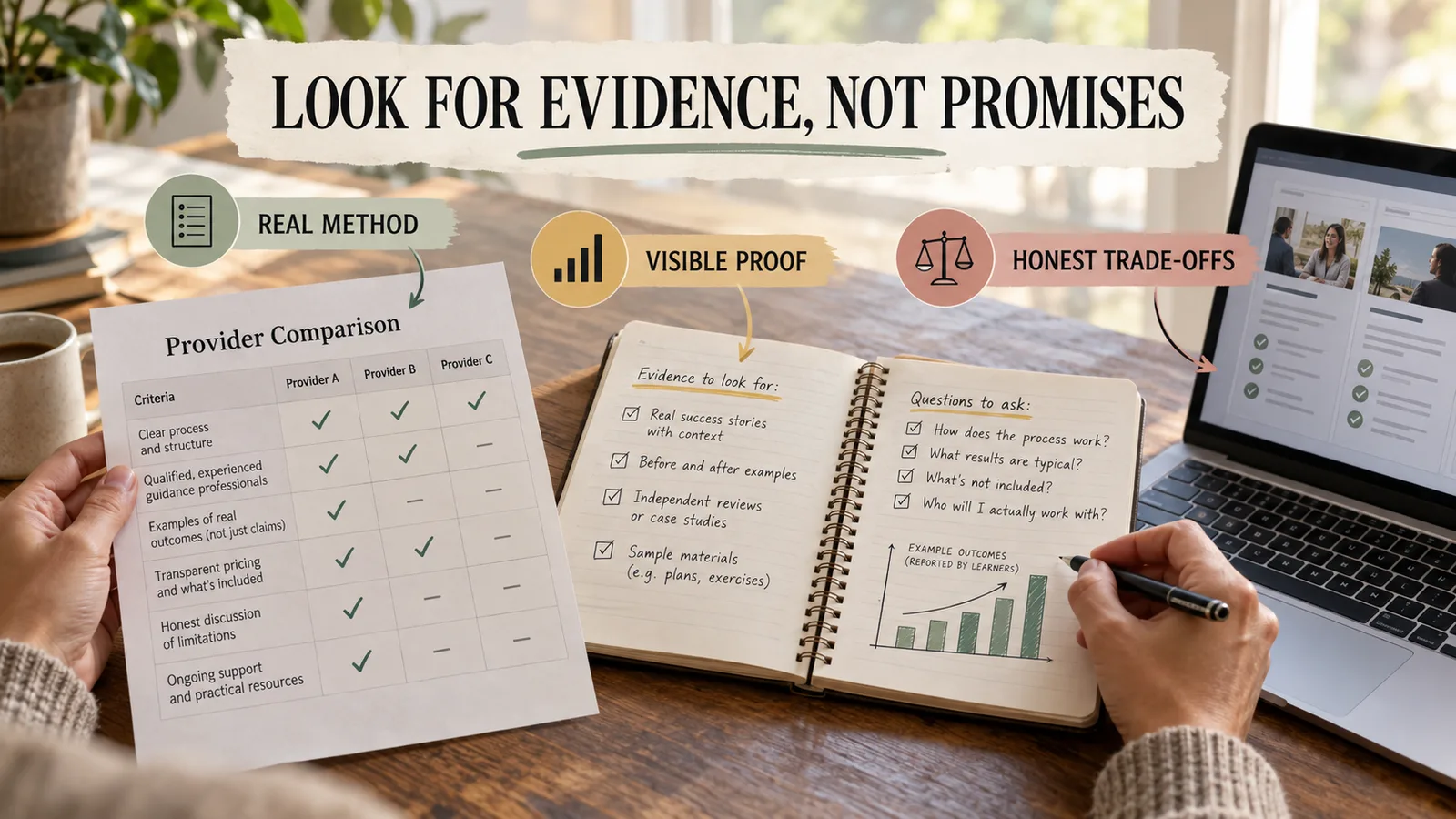 A checklist visual for evaluating real career guidance evidence and trade-offs