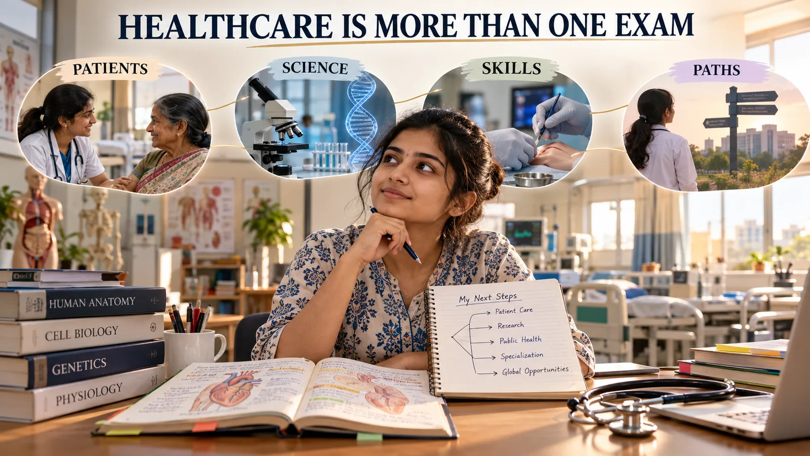 A healthcare career visual showing patients, science, skills, and paths
