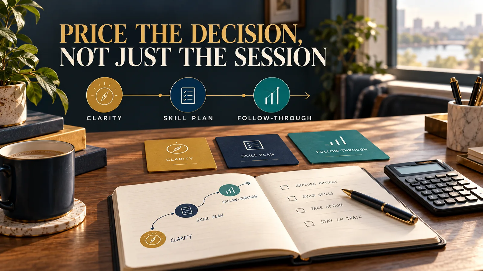 A pricing visual showing clarity, a skill plan, and follow-through as the value of guidance