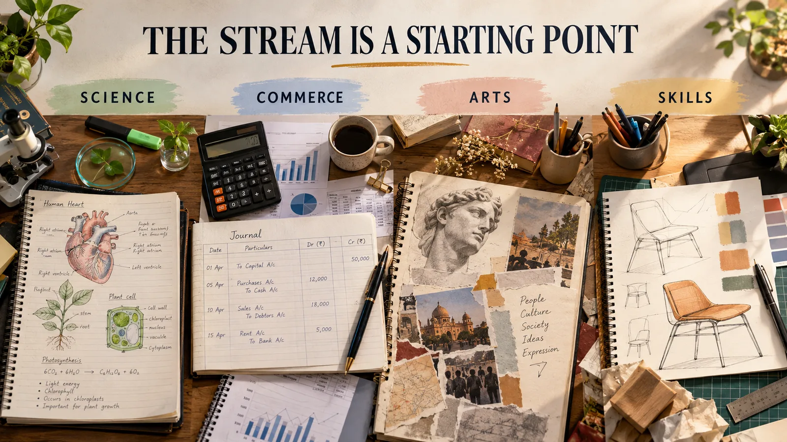 A stream decision visual showing science, commerce, arts, and skill-building routes