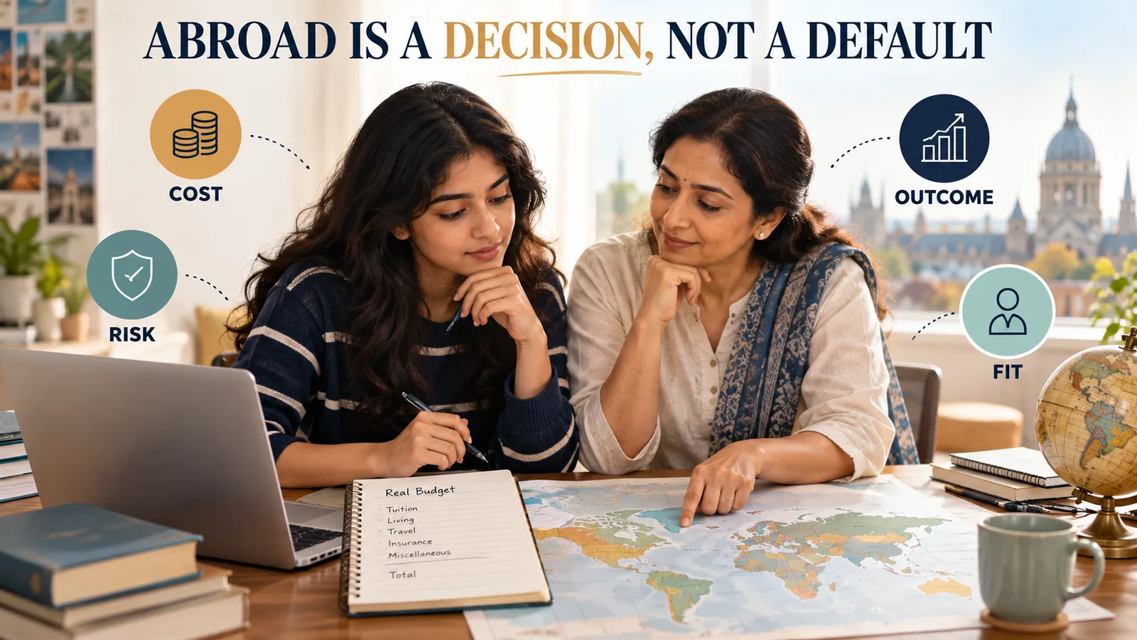 A study-abroad decision visual comparing cost, outcome, risk, and fit