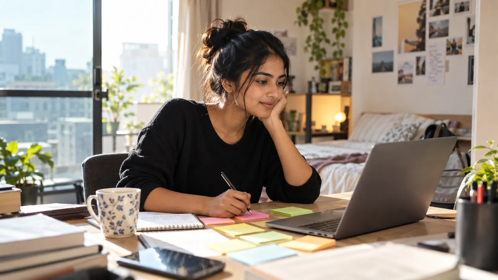 A graduate with a laptop planning a skill roadmap after college