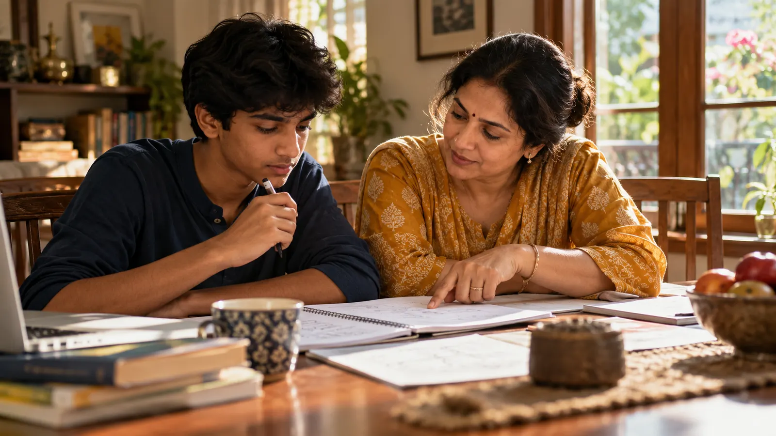 A Class 10 student and a parent comparing stream options at a desk