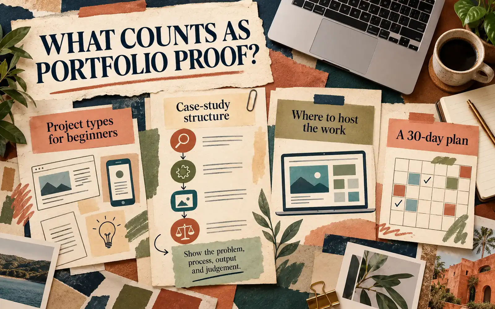 Editorial overview of portfolio proof, beginner project types, case-study structure, hosting choices and a 30-day plan.
