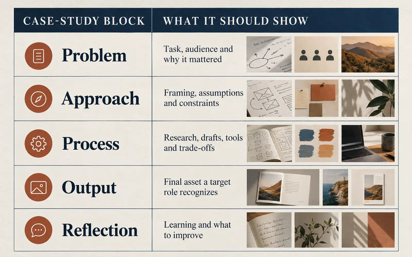 Comparison table showing the five blocks of a case study: problem, approach, process, output and reflection.