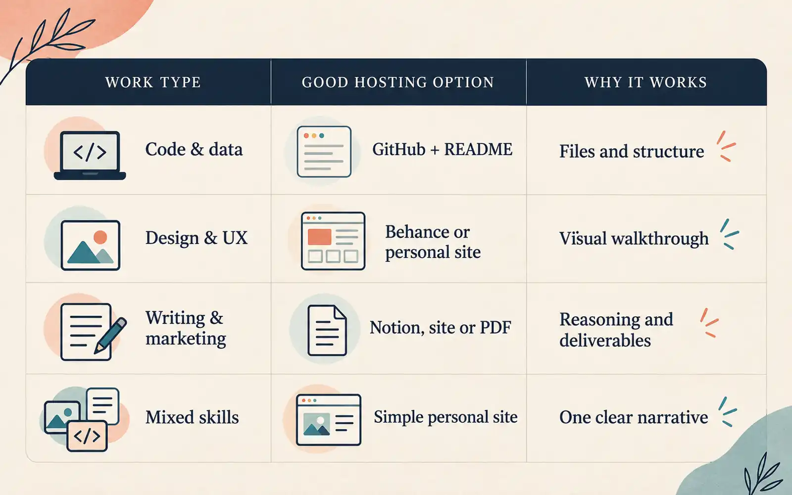 Comparison of portfolio hosting choices for code and data, design and UX, writing and marketing, and mixed-skill work.