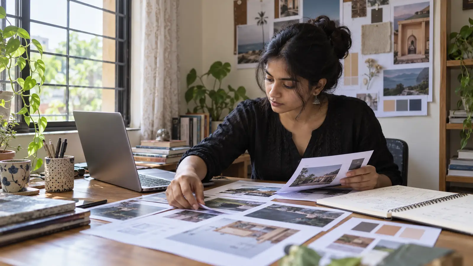 A student builds a portfolio case study at a home desk with a laptop, printed screenshots, a notebook and a small moodboard.