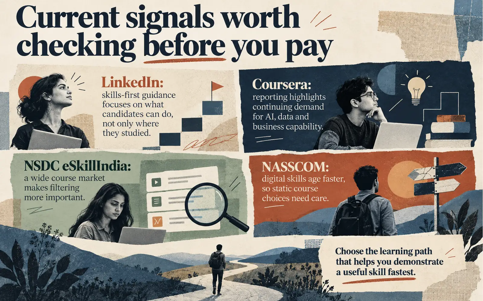 Asymmetrical editorial comparison of skills-first signals from LinkedIn, Coursera, NSDC eSkillIndia and NASSCOM before choosing a course