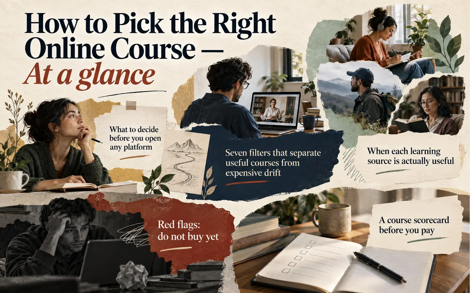 At-a-glance summary for picking the right online course: what to decide first, useful-course filters, learning-source fit, red flags and a course scorecard