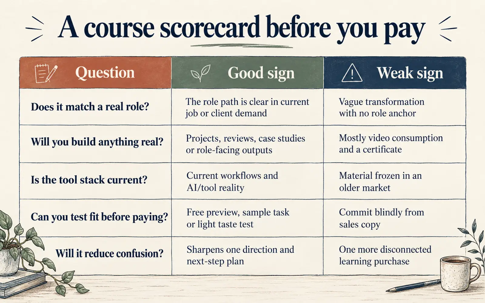 Course scorecard comparing good and weak signs for role fit, real projects, current tools, testing fit and reducing confusion before paying