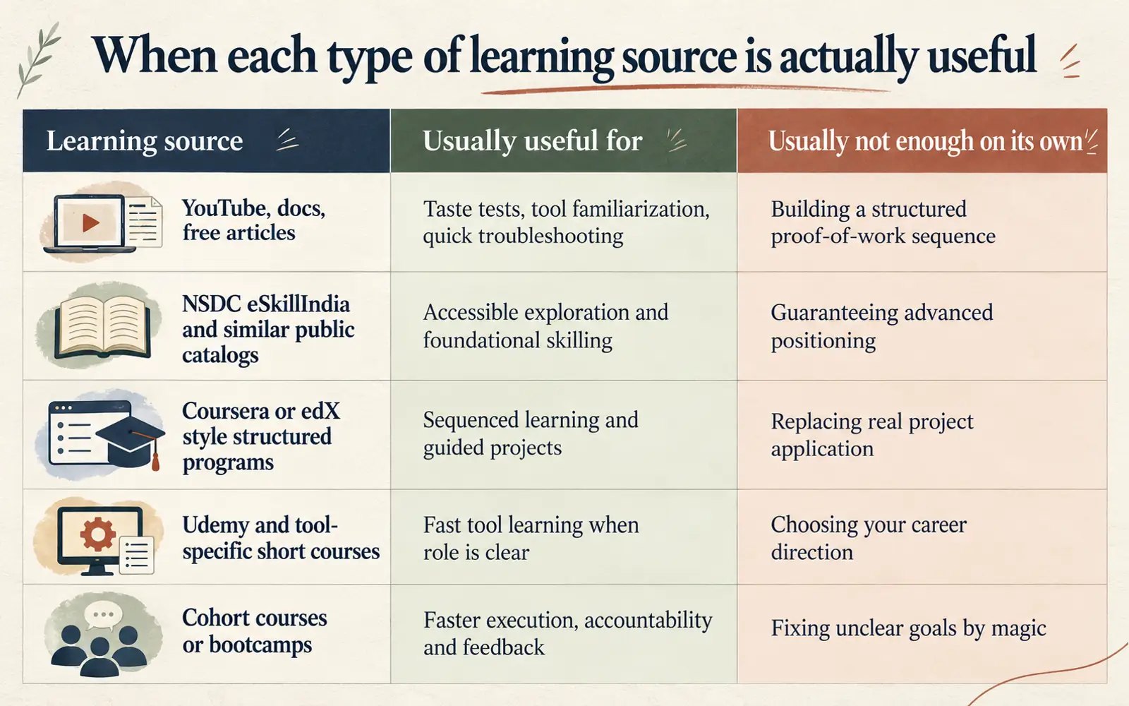 Comparison table showing when YouTube and free resources, public catalogs, structured programs, short tool courses and cohorts are useful and what each cannot replace