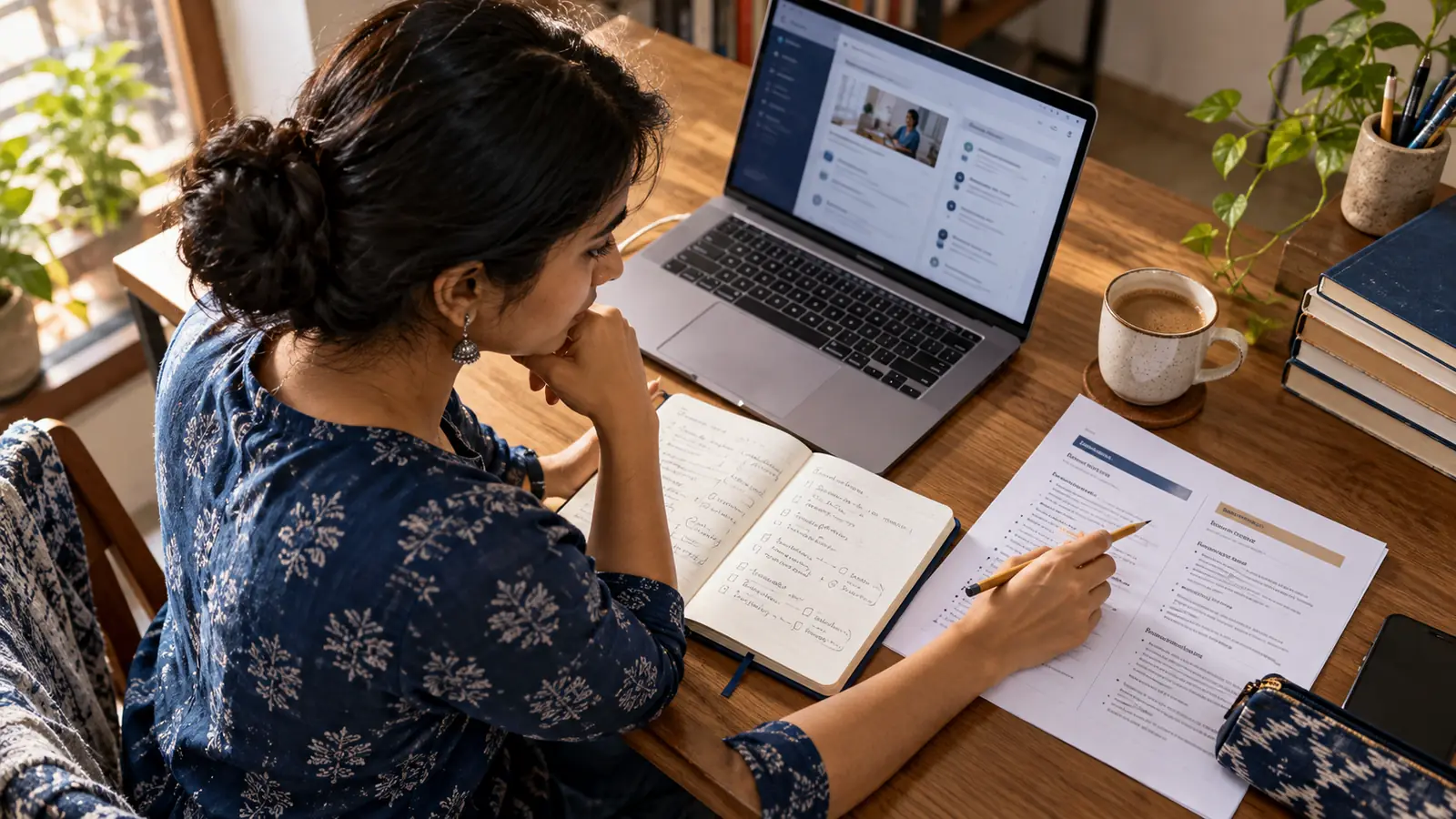 Indian learner comparing an online course syllabus with job information, notes and a role-focused checklist at a sunlit desk