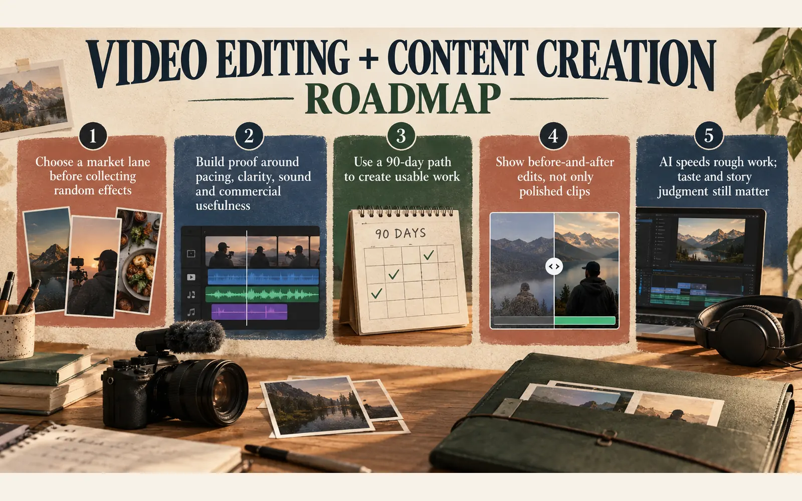 Editorial summary card showing video editing lanes, proof-building, a 90-day path, before-and-after edits and the role of AI versus human judgment.