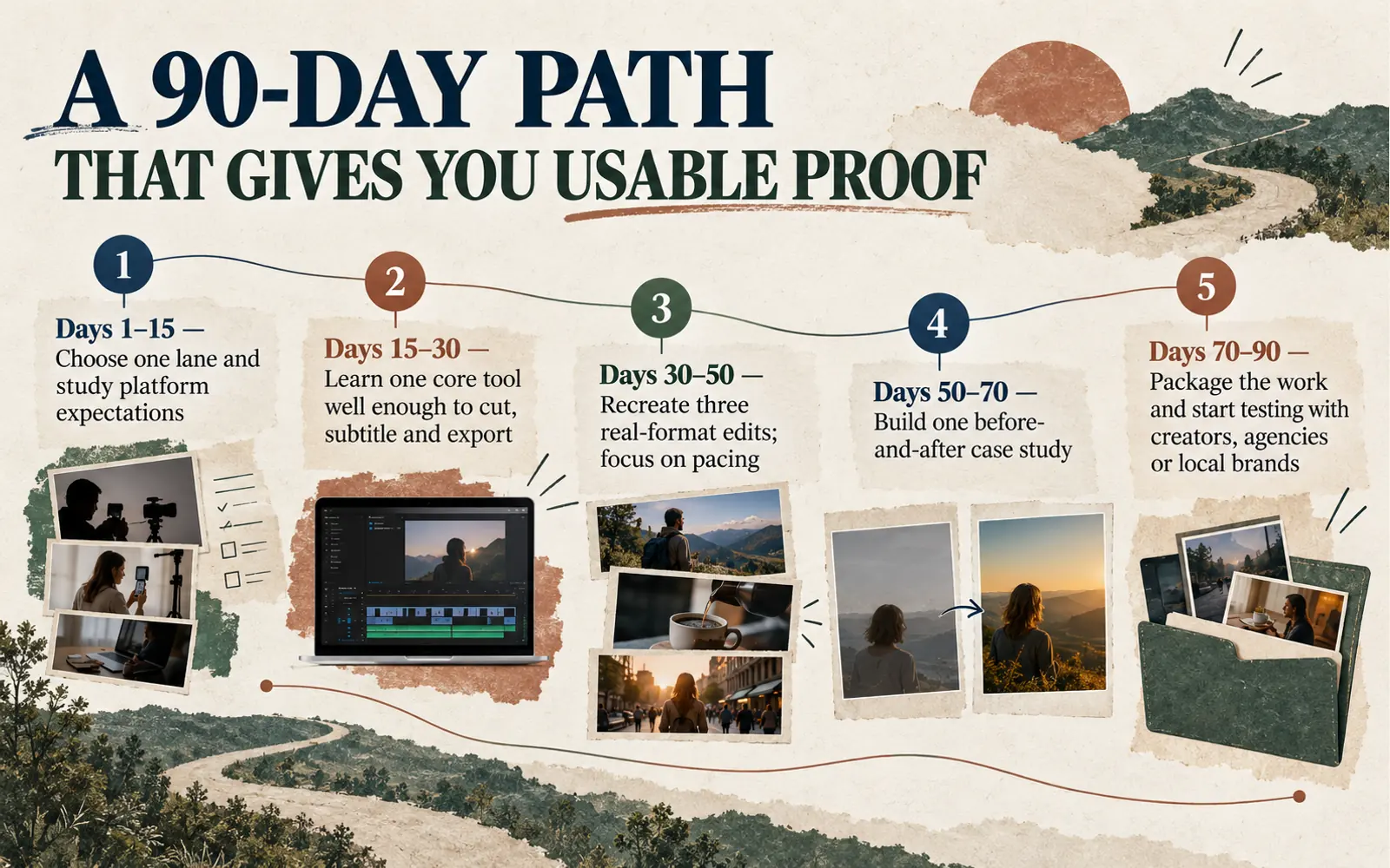 Chronological 90-day video editing timeline showing lane choice, core-tool practice, three real-format edits, a before-and-after case study and portfolio testing.
